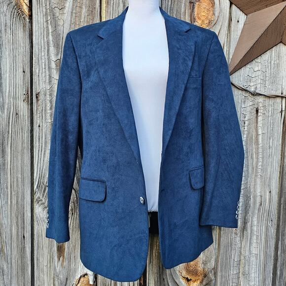 Blue Ultrasuede Jacket Size L Faux Suede Blazer Navy Teal USA Vintage Large VTG - Picture 2 of 9